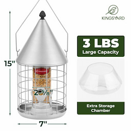 Silver Kingsyard Caged Squirrel Proof Tube Bird Feeder with Rainproof Dome 3 Silver Kingsyard Caged Squirrel Proof Tube Bird Feeder with Rainproof Dome 3