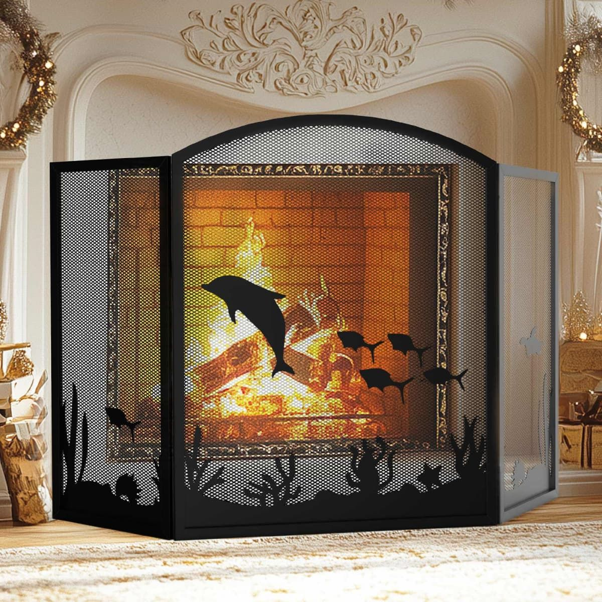 Kingsyard 3 Panel Ocean Theme Metal Fireplace Screen
