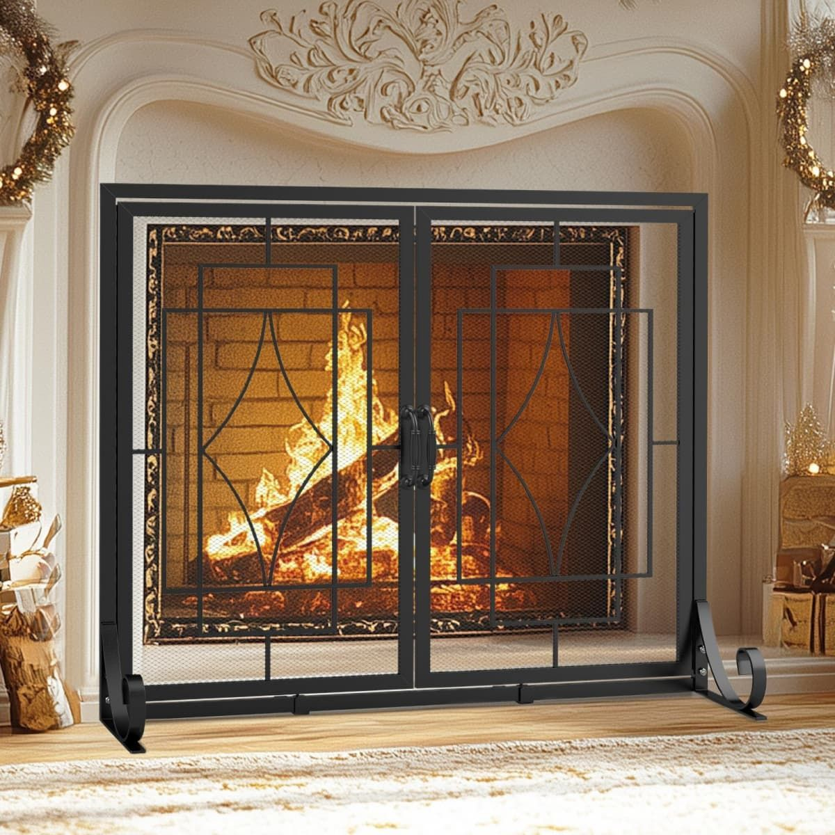 Kingsyard Geometric Metal Fireplace Screen with Magnetic Panels
