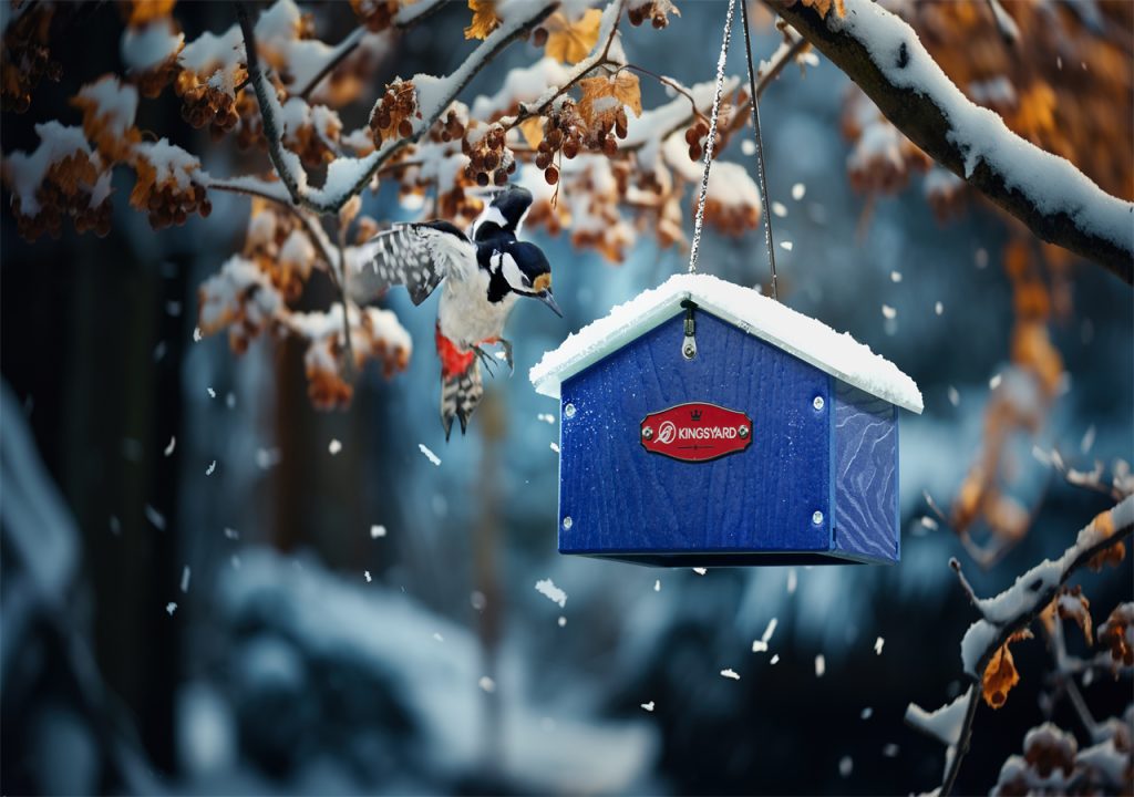 In winter, a bluebird house is hanging in the tree, while a bird is flying around the house.