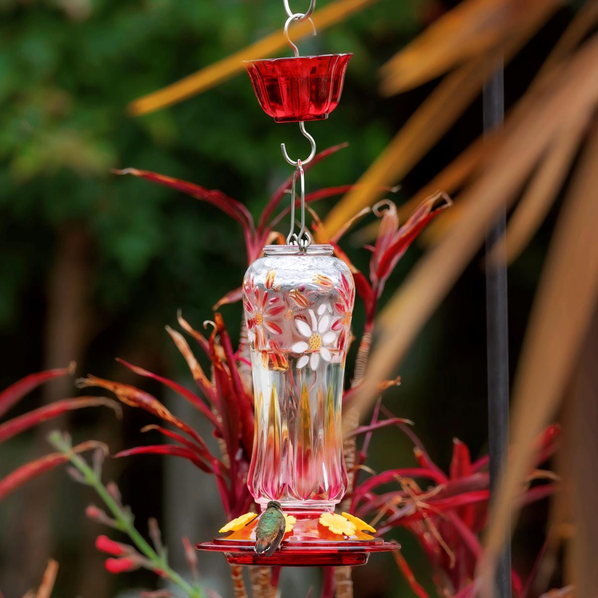 Kingsyard red hummingbird feeder hanging in a garden