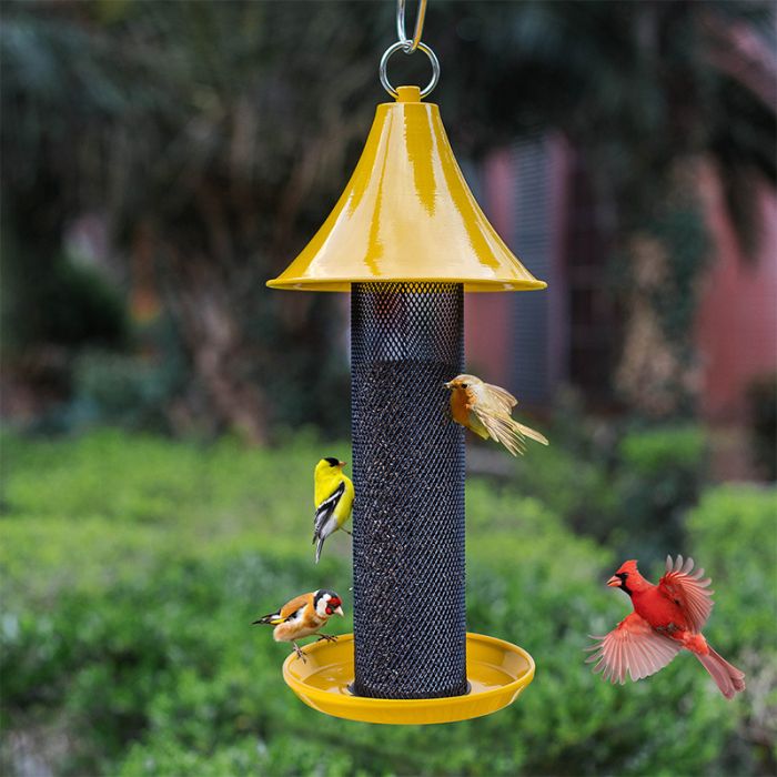 Mesh-Yellow Kingsyard Metal Tube Bird Feeder with Copper Roof 1