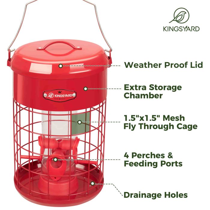 Red Kingsyard Caged Squirrel Proof Tube Feeder with Weatherproof Design 4
