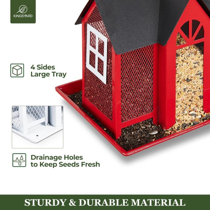 Red Kingsyard Metal House Bird Feeder with Large Tray 5