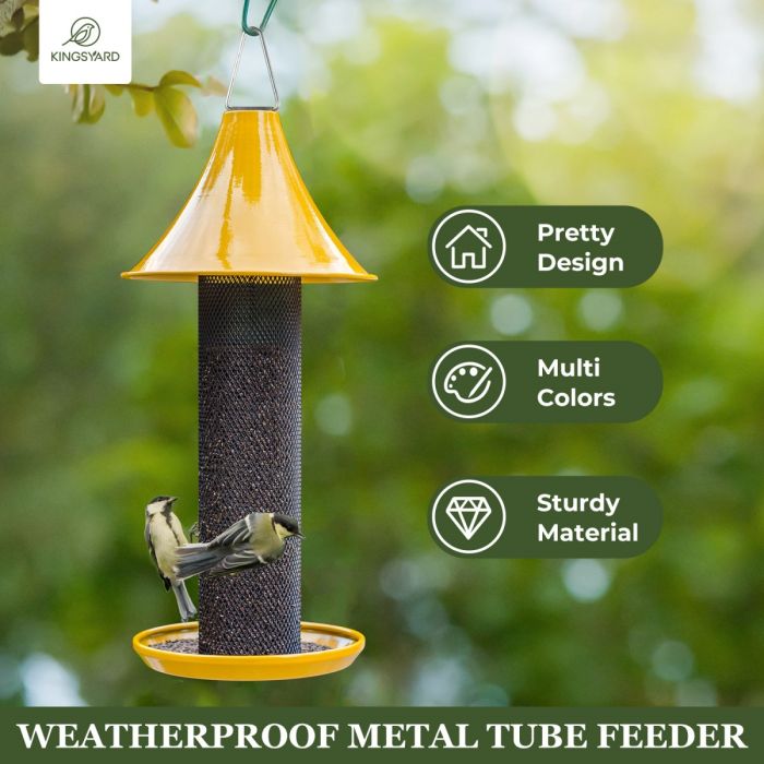 Mesh-Yellow Kingsyard Metal Tube Bird Feeder with Copper Roof 6