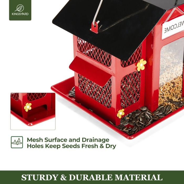 Red Kingsyard Weatherproof Metal Mesh House Hopper Bird Feeder 4 Red Kingsyard Weatherproof Metal Mesh House Hopper Bird Feeder 4