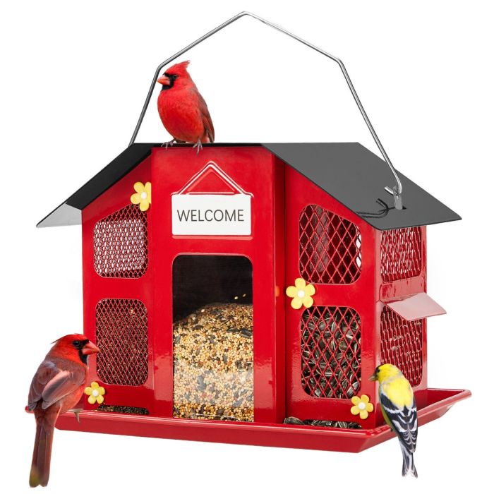 Red Kingsyard Weatherproof Metal Mesh House Hopper Bird Feeder 2 Red Kingsyard Weatherproof Metal Mesh House Hopper Bird Feeder 2