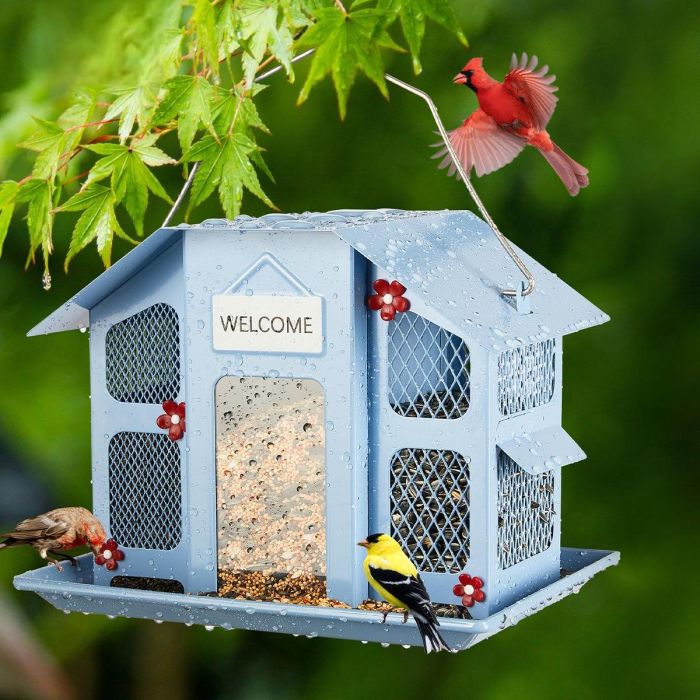 Blue Kingsyard Weatherproof Metal Mesh House Hopper Bird Feeder 1