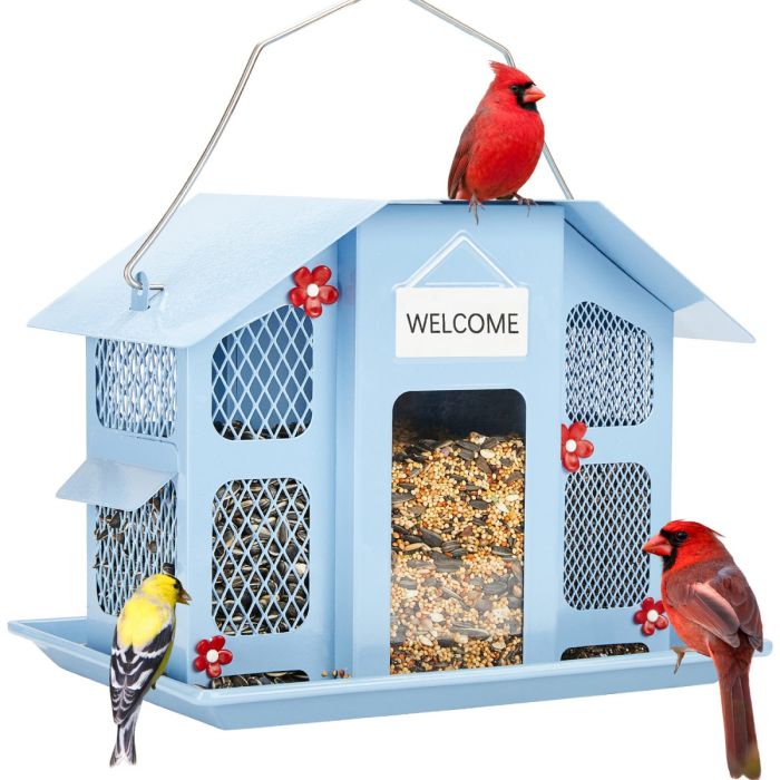 Blue Kingsyard Weatherproof Metal Mesh House Hopper Bird Feeder 2