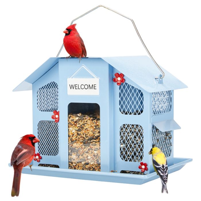 Blue Kingsyard Weatherproof Metal Mesh House Hopper Bird Feeder 8