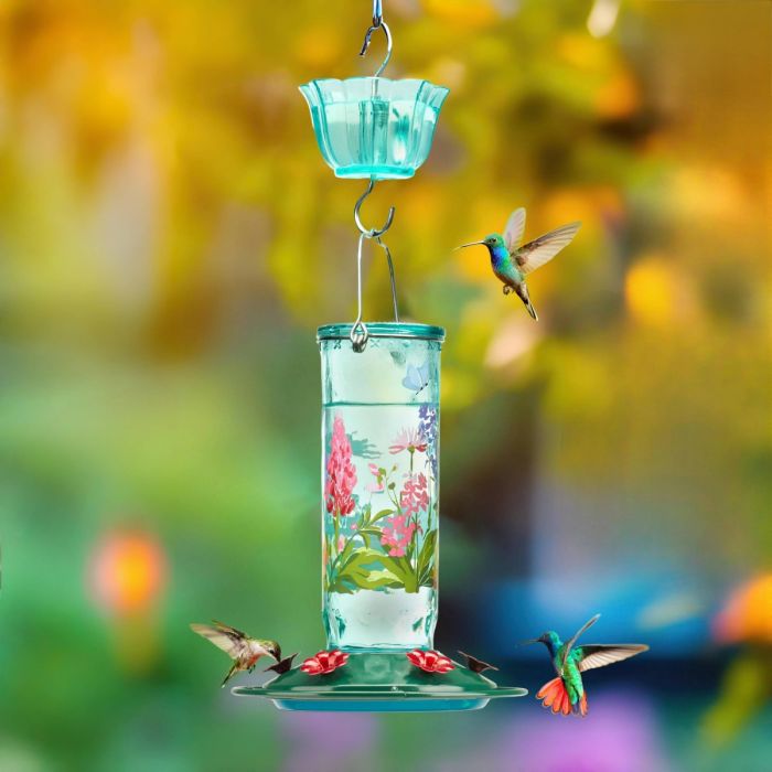 Blue Kingsyard Round Glass Hummingbird Feeder with Flower Patterns 1