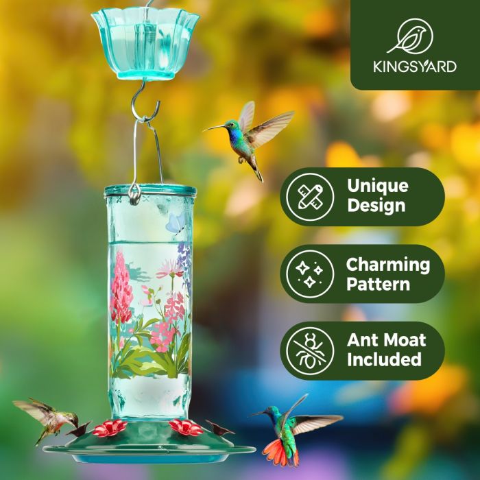 Blue Kingsyard Round Glass Hummingbird Feeder with Flower Patterns 6