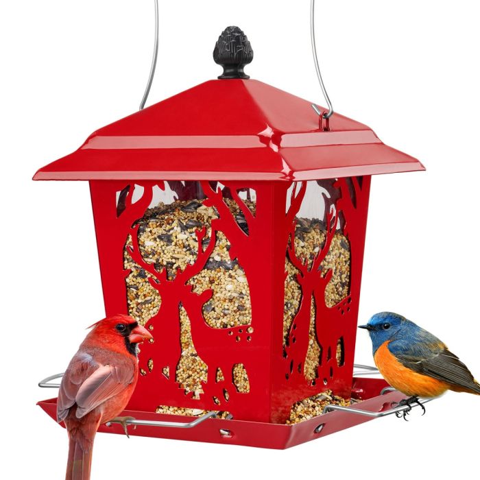 Red Kingsyard Weatherproof Metal Hopper Bird Feeder 2 Red Kingsyard Weatherproof Metal Hopper Bird Feeder 2
