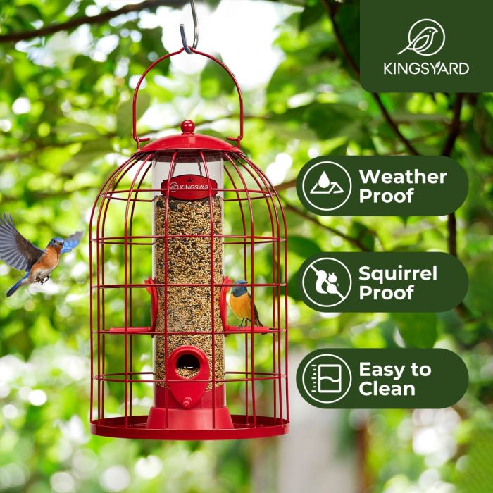 Red Kingsyard Caged Squirrel Proof Tube Feeder with Rainproof Design 8