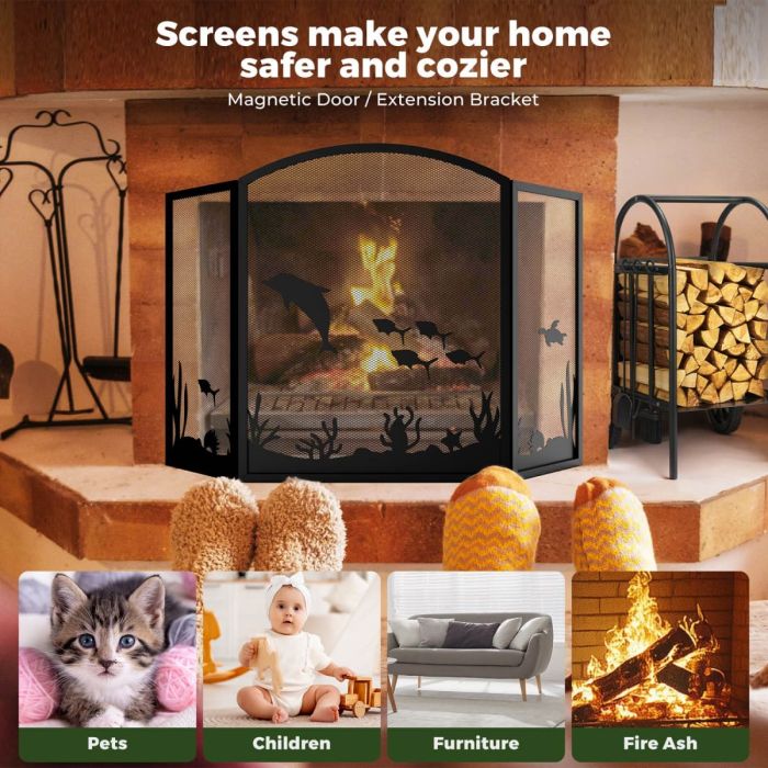 Kingsyard 3 Panel Ocean Theme Metal Fireplace Screen 5 Kingsyard 3 Panel Ocean Theme Metal Fireplace Screen 5