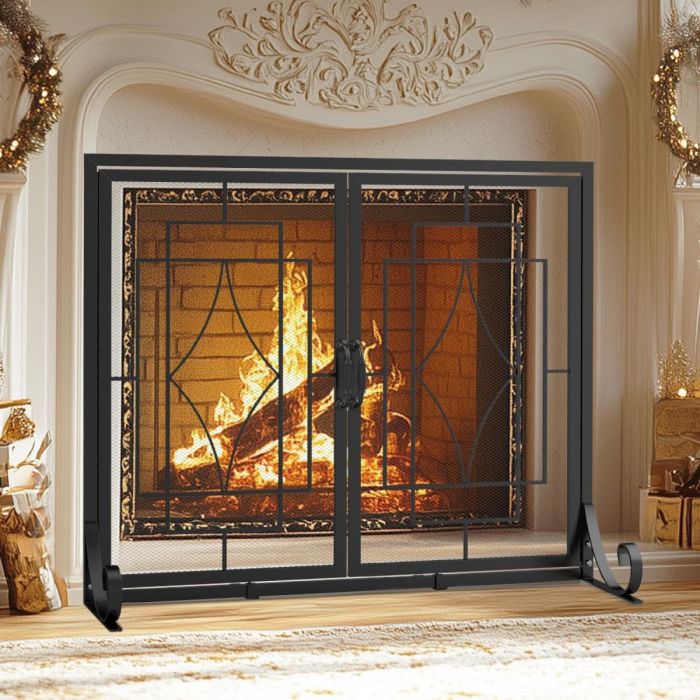 Kingsyard Geometric Metal Fireplace Screen with Magnetic Panels 1
