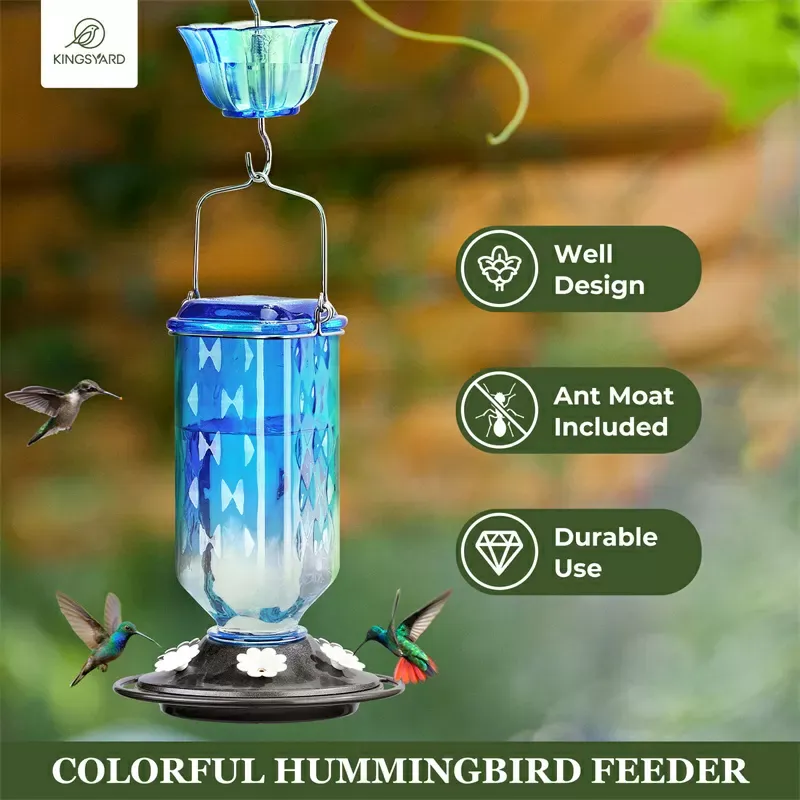 Blue Kingsyard 24oz Leak Proof Glass Hummingbird Feeder with Ant Moat 6