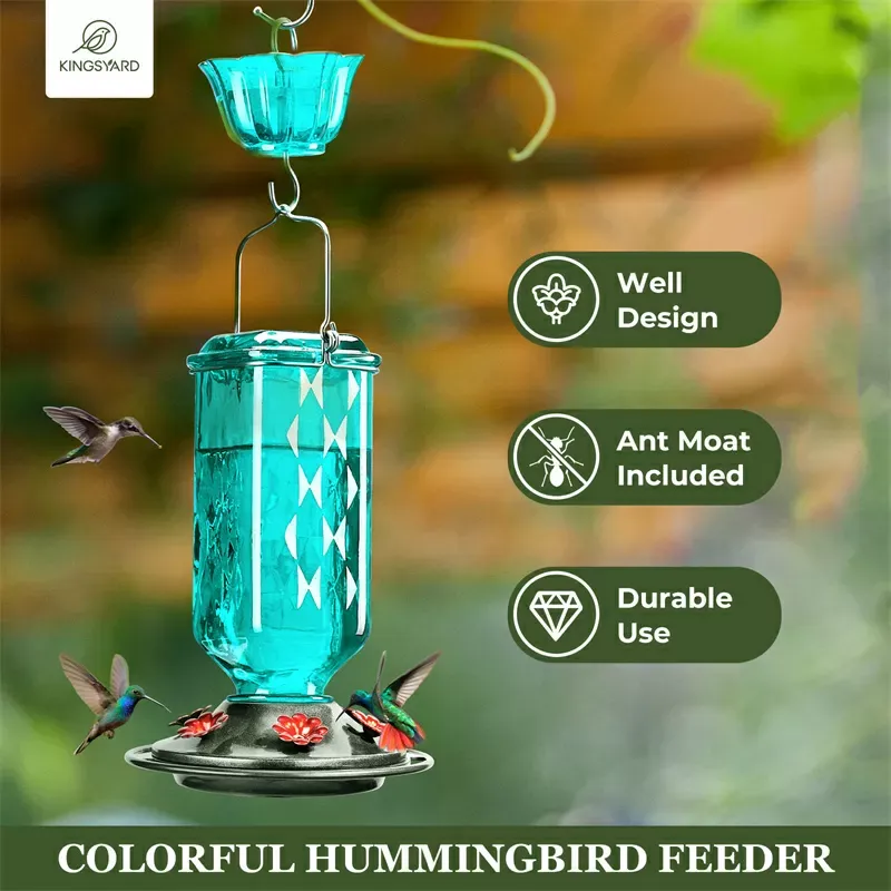 Turquoise Kingsyard 24oz Leak Proof Glass Hummingbird Feeder with Ant Moat 6