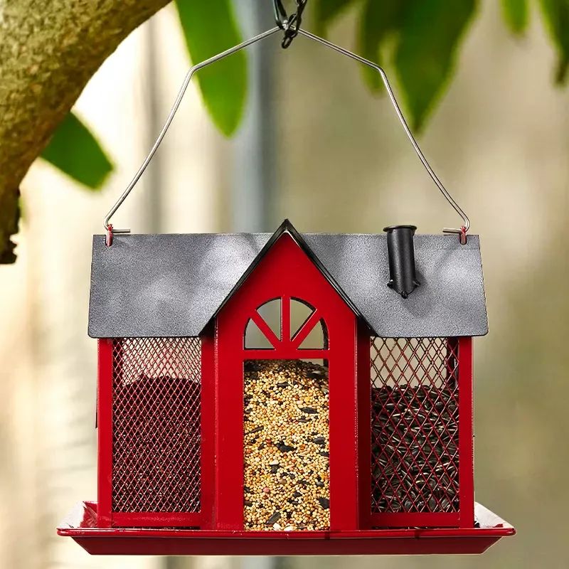 Red Kingsyard Metal House Bird Feeder with Large Tray 1