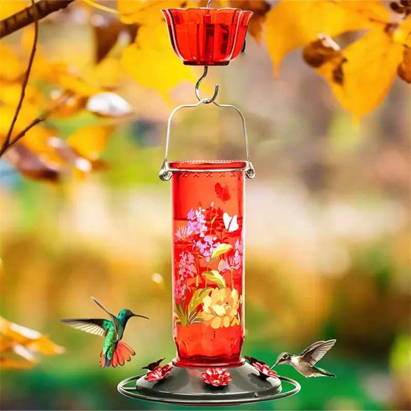Kingsyard Round Glass Hummingbird Feeder with Flower Patterns