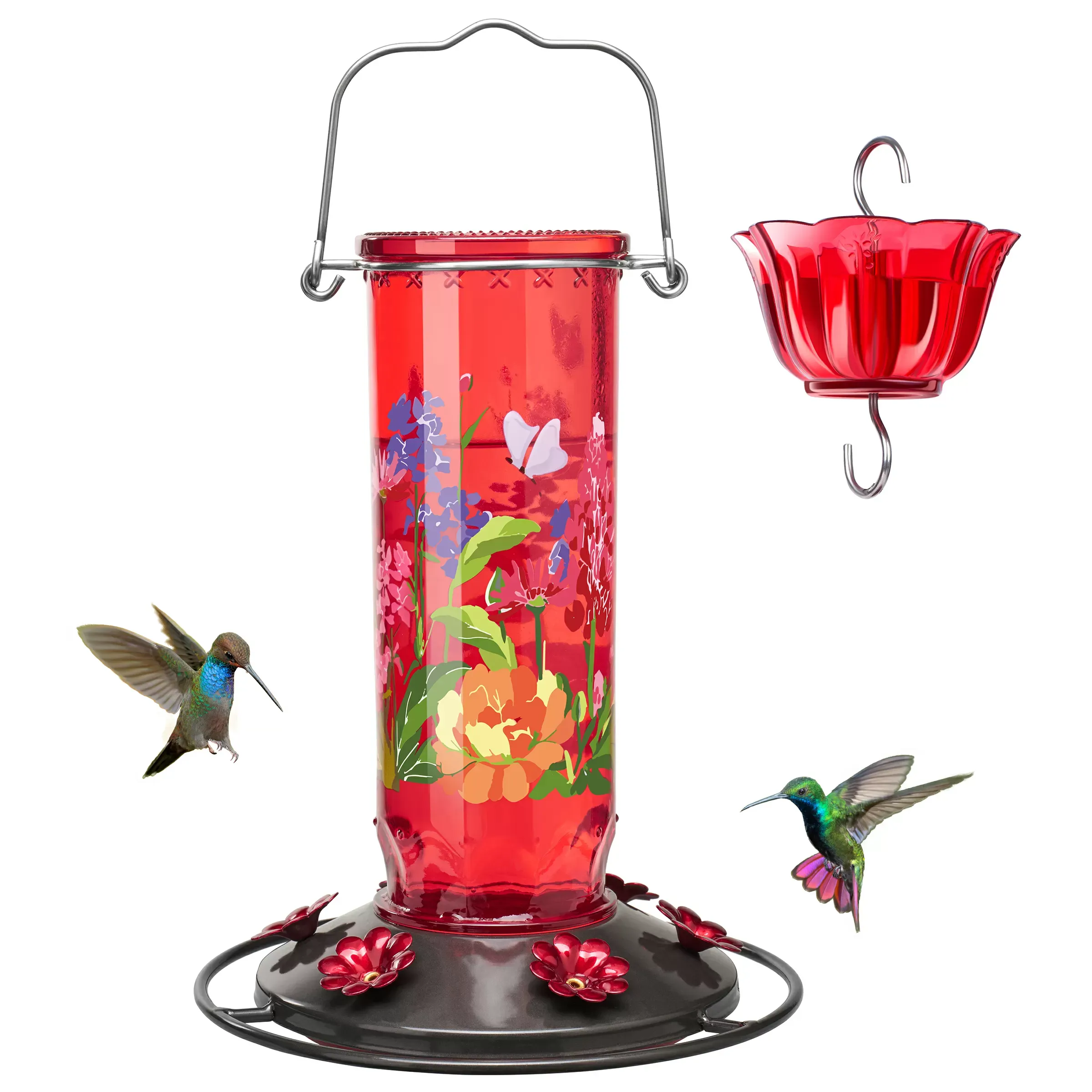 Kingsyard Round Glass Hummingbird Feeder with Flower Patterns 2