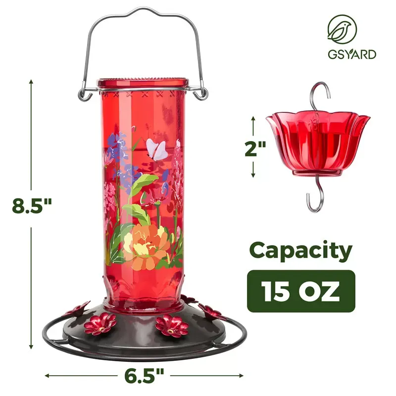 Kingsyard Round Glass Hummingbird Feeder with Flower Patterns 3