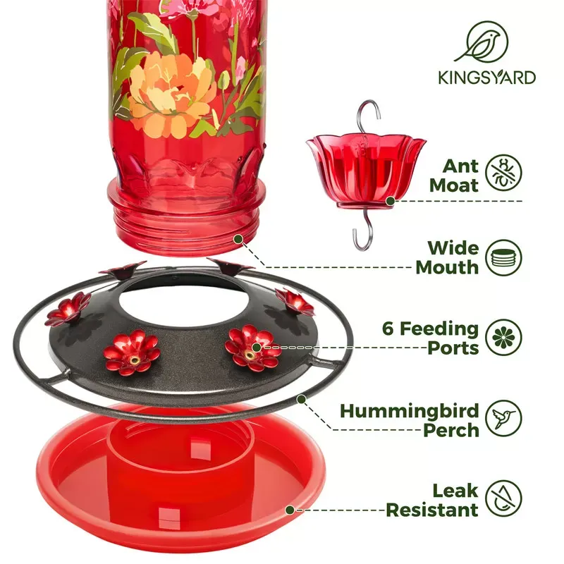 Kingsyard Round Glass Hummingbird Feeder with Flower Patterns 5