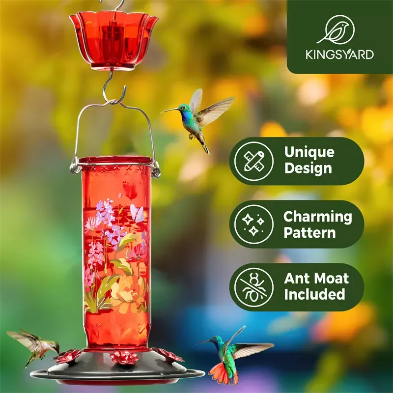 Kingsyard Round Glass Hummingbird Feeder with Flower Patterns 6