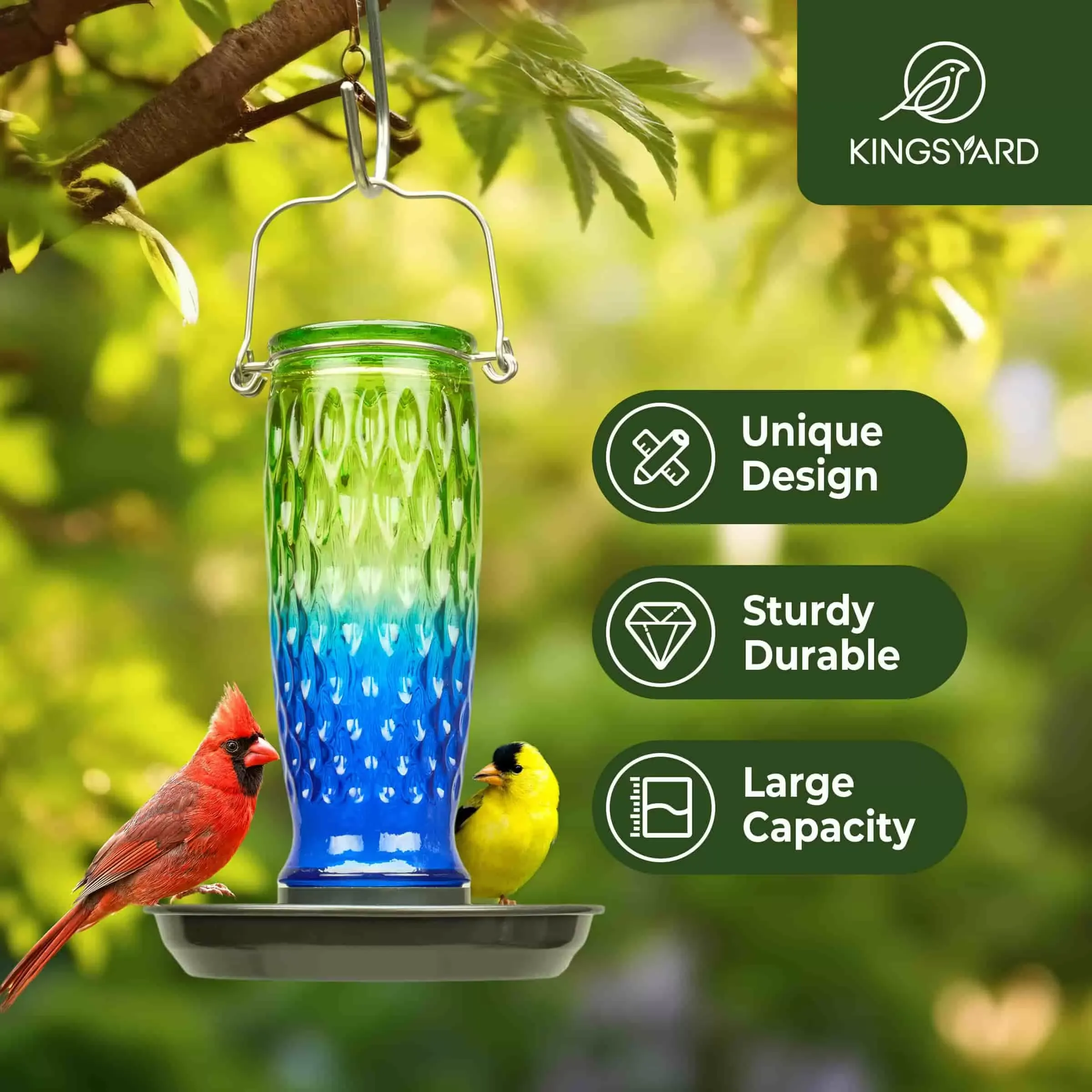 Green & Blue Kingsyard 24oz Large Capacity Glass Bird Water Feeder 6