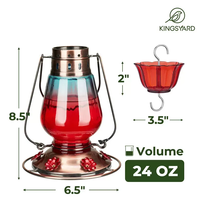 Blue & Red Kingsyard Lamp-shaped Glass Hummingbird Feeder 3