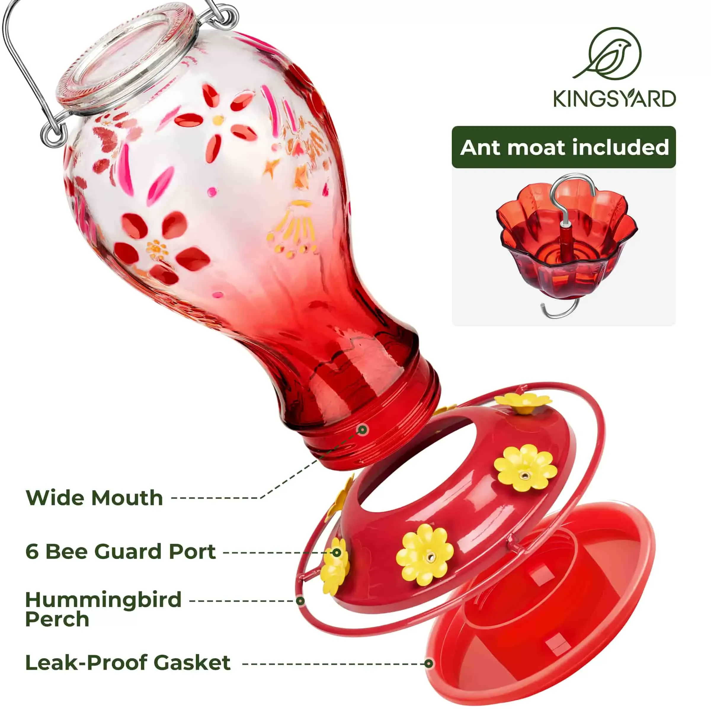 Red Kingsyard 26oz Leak Proof Glass Hummingbird Feeders with Ant Moat 5