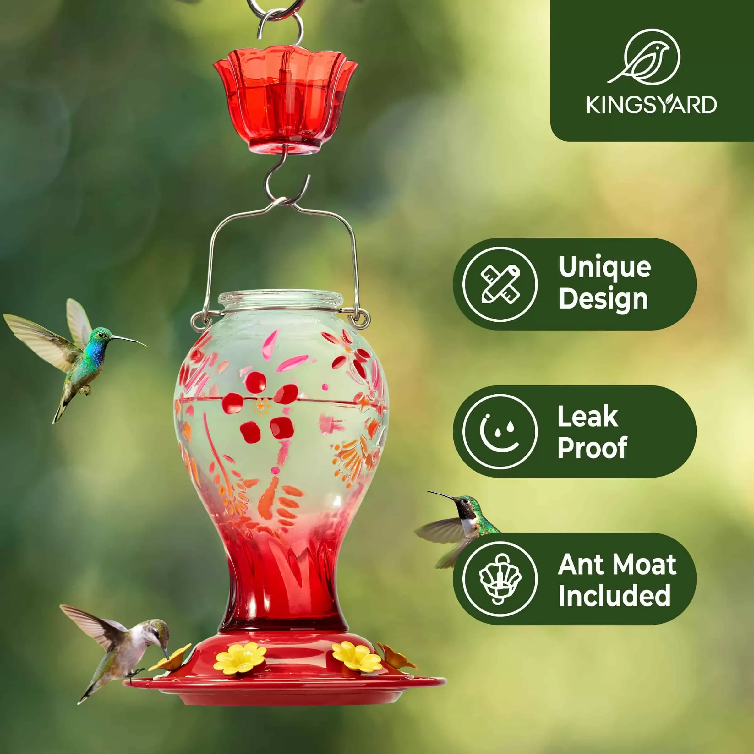 Red Kingsyard 26oz Leak Proof Glass Hummingbird Feeders with Ant Moat 6