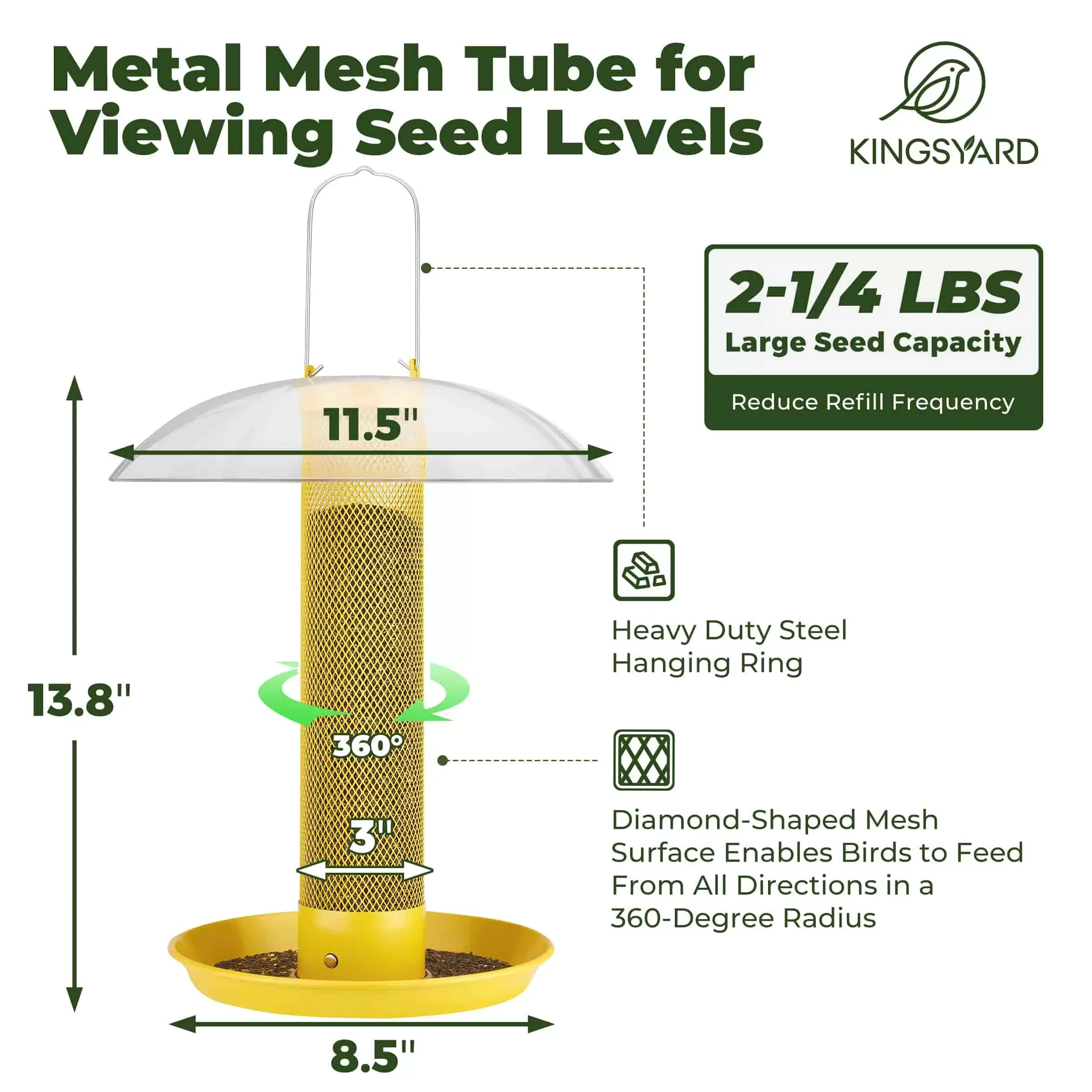 Yellow Kingsyard Finch Feeder with Weather Dome & Seed Tray 3