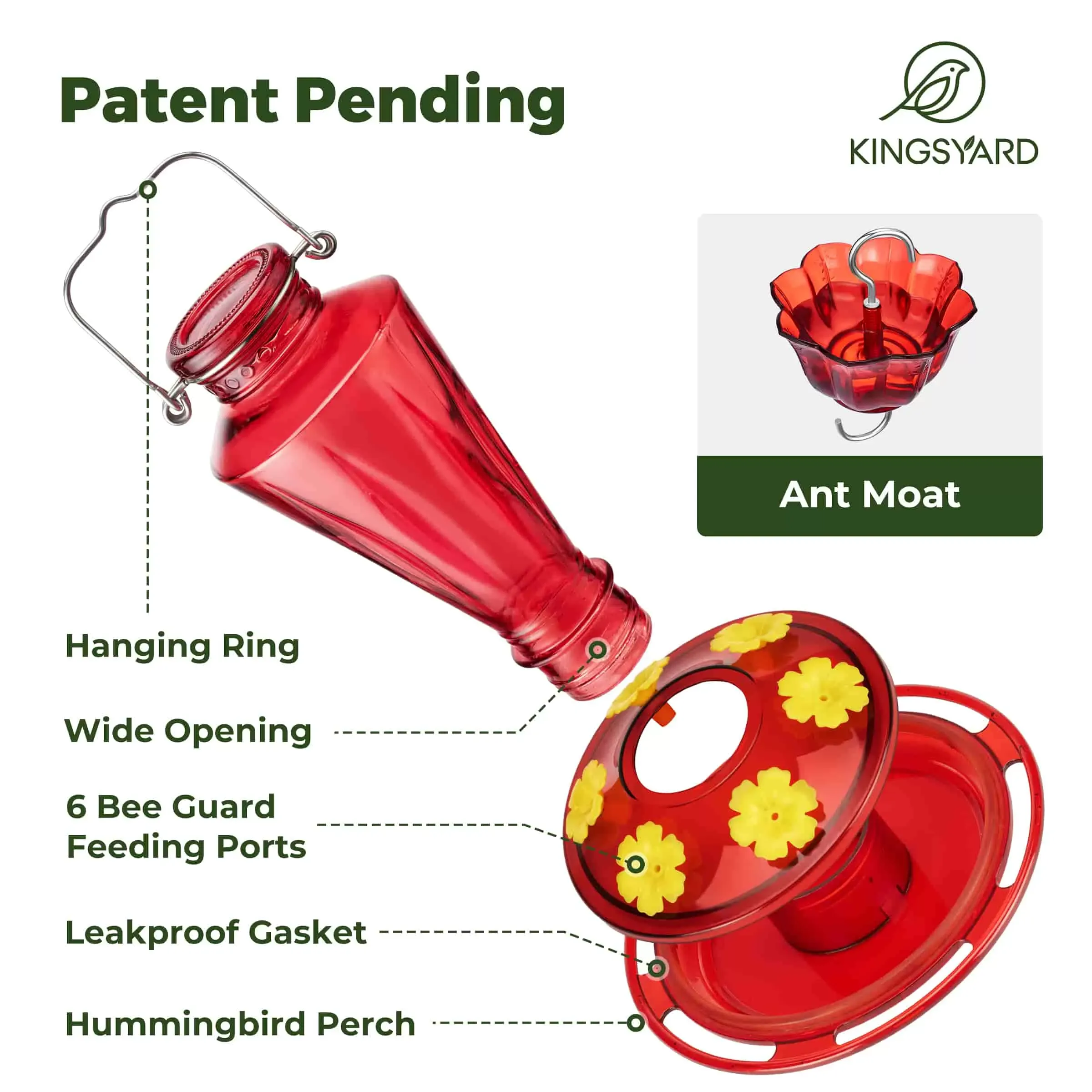 Red Kingsyard 16oz Glass Hummingbird Feeder with Ant & Bee Proof 4