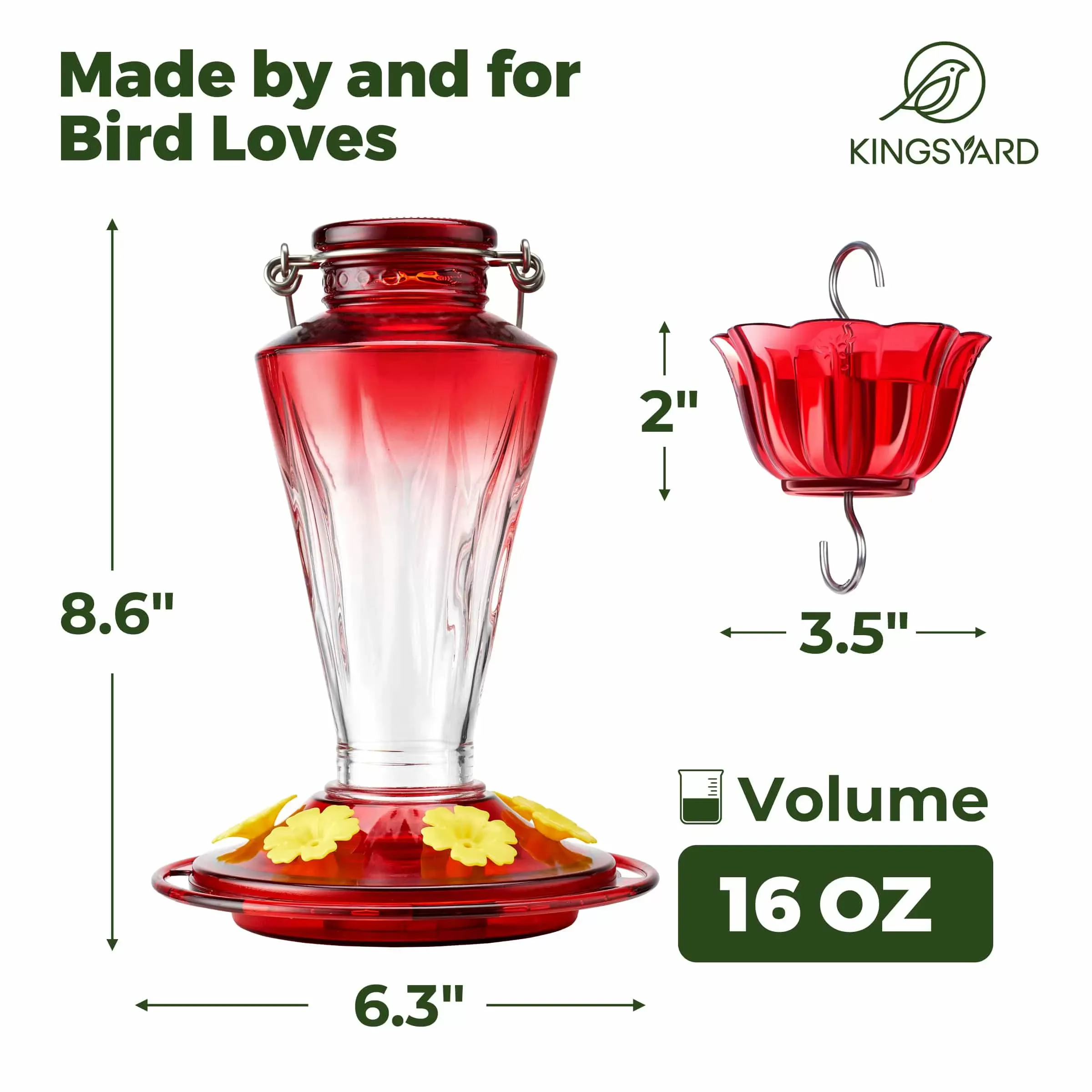 Clear & Red Kingsyard 16oz Glass Hummingbird Feeder with Ant & Bee Proof 3