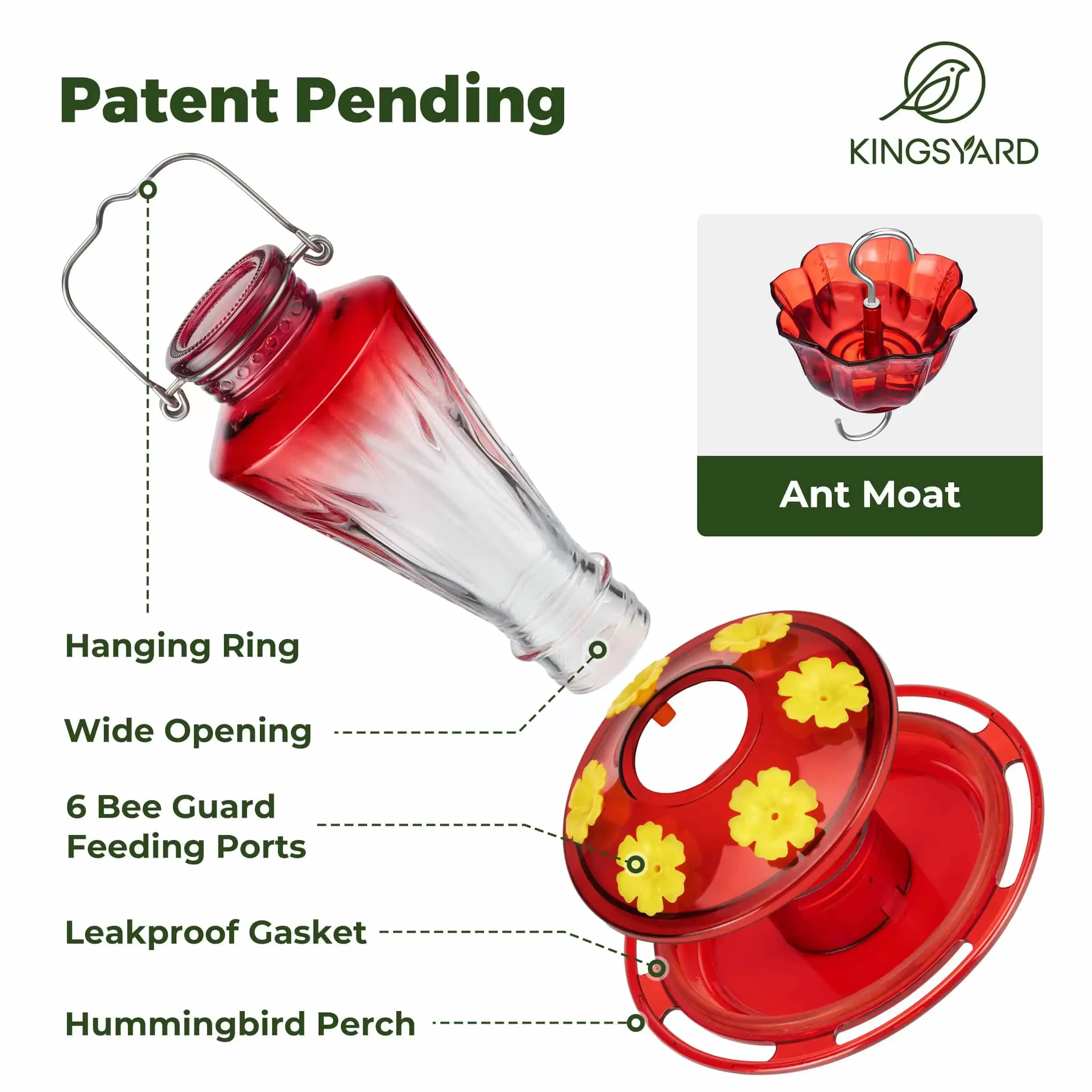 Clear & Red Kingsyard 16oz Glass Hummingbird Feeder with Ant & Bee Proof 4