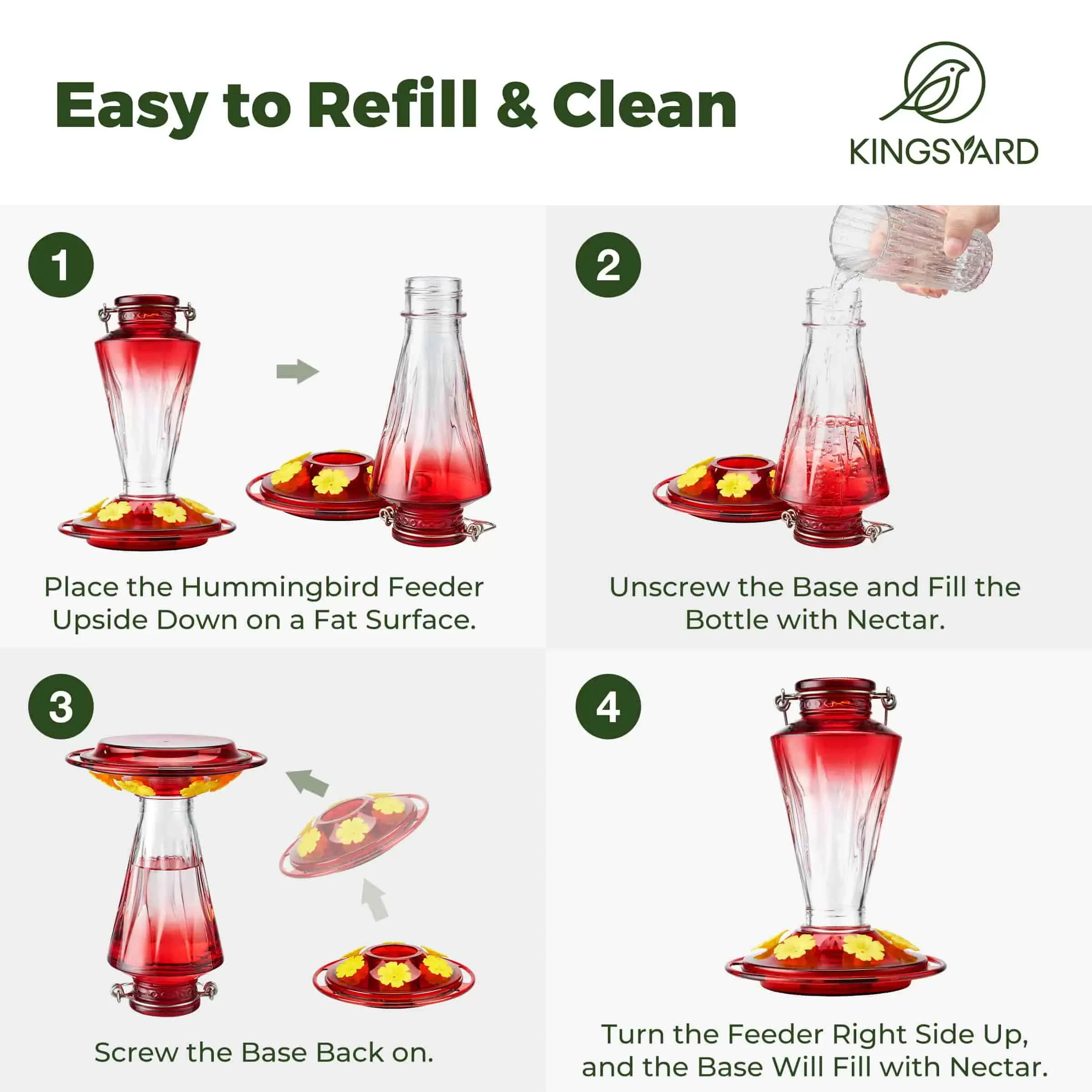 Clear & Red Kingsyard 16oz Glass Hummingbird Feeder with Ant & Bee Proof 5