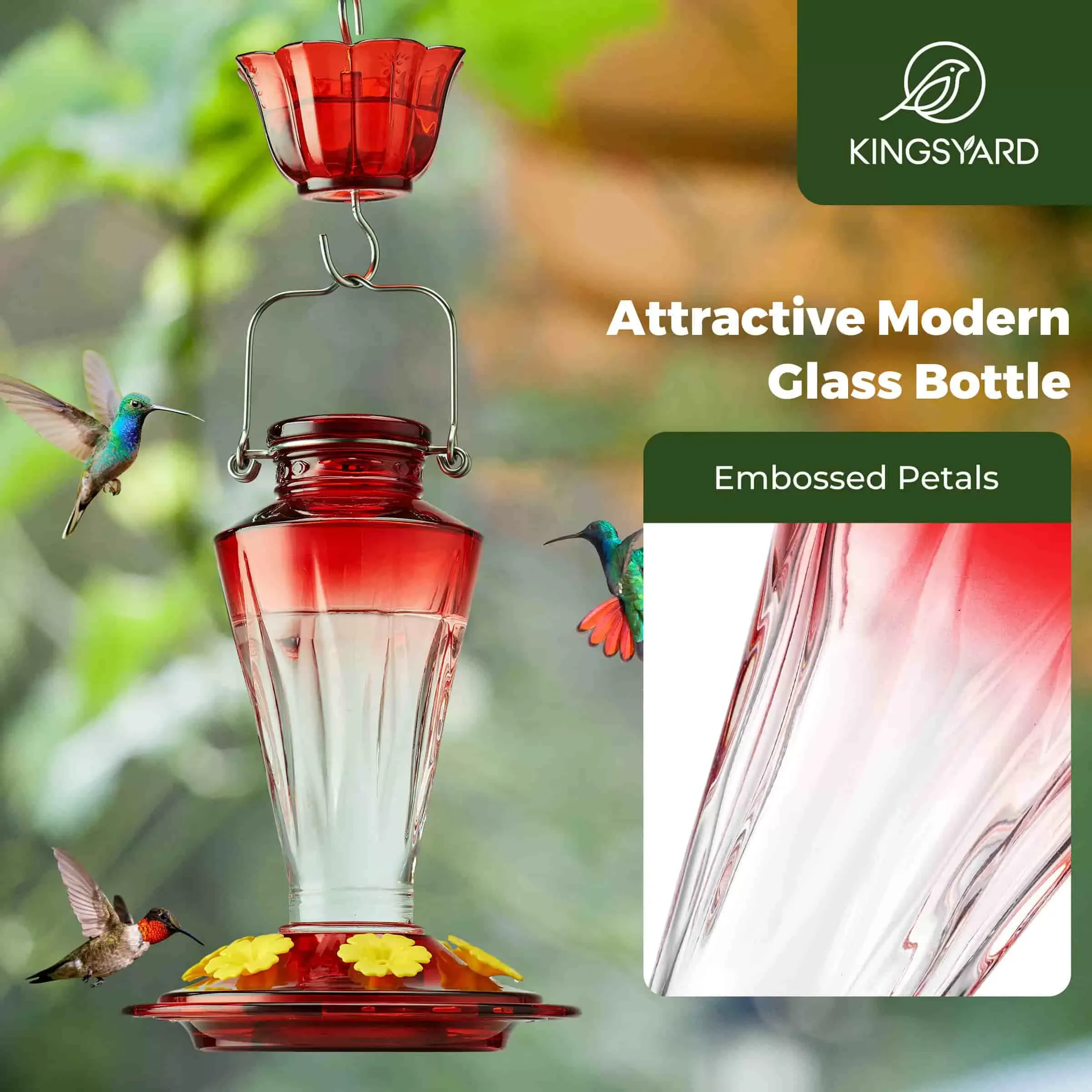 Clear & Red Kingsyard 16oz Glass Hummingbird Feeder with Ant & Bee Proof 6