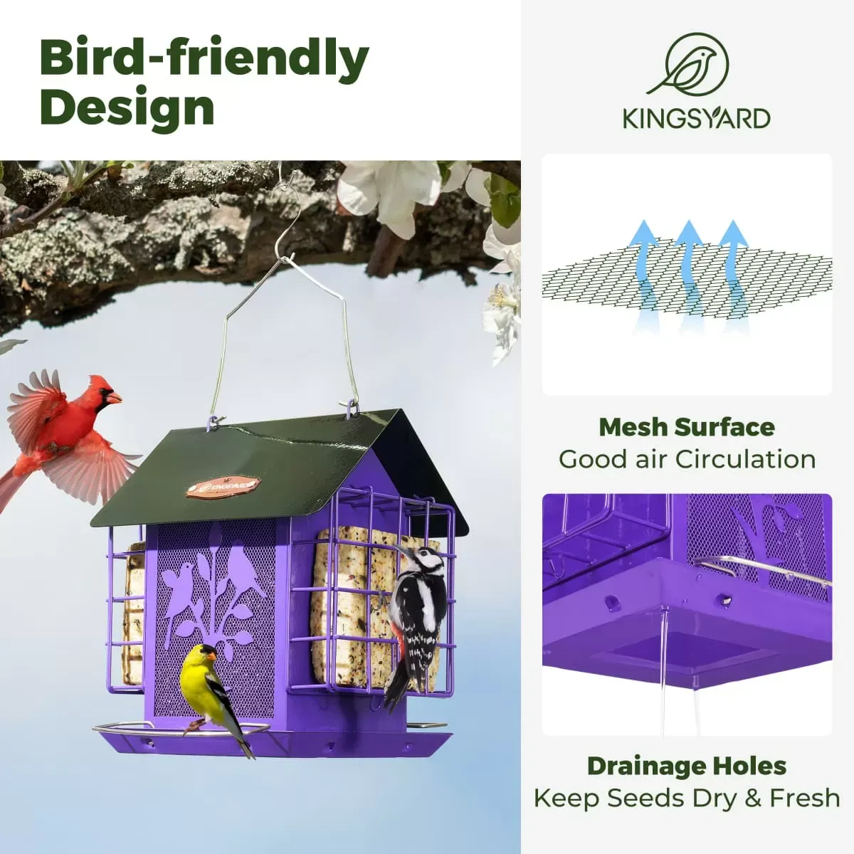 Purple Kingsyard Double Suet Hopper Bird Feeder With Rainproof Roof 5