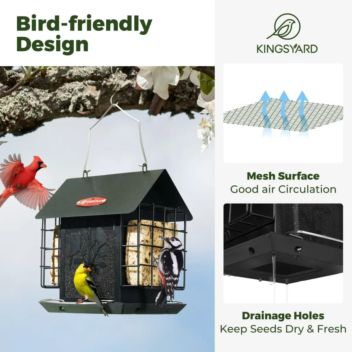 Black Kingsyard Double Suet Hopper Bird Feeder With Rainproof Roof 5
