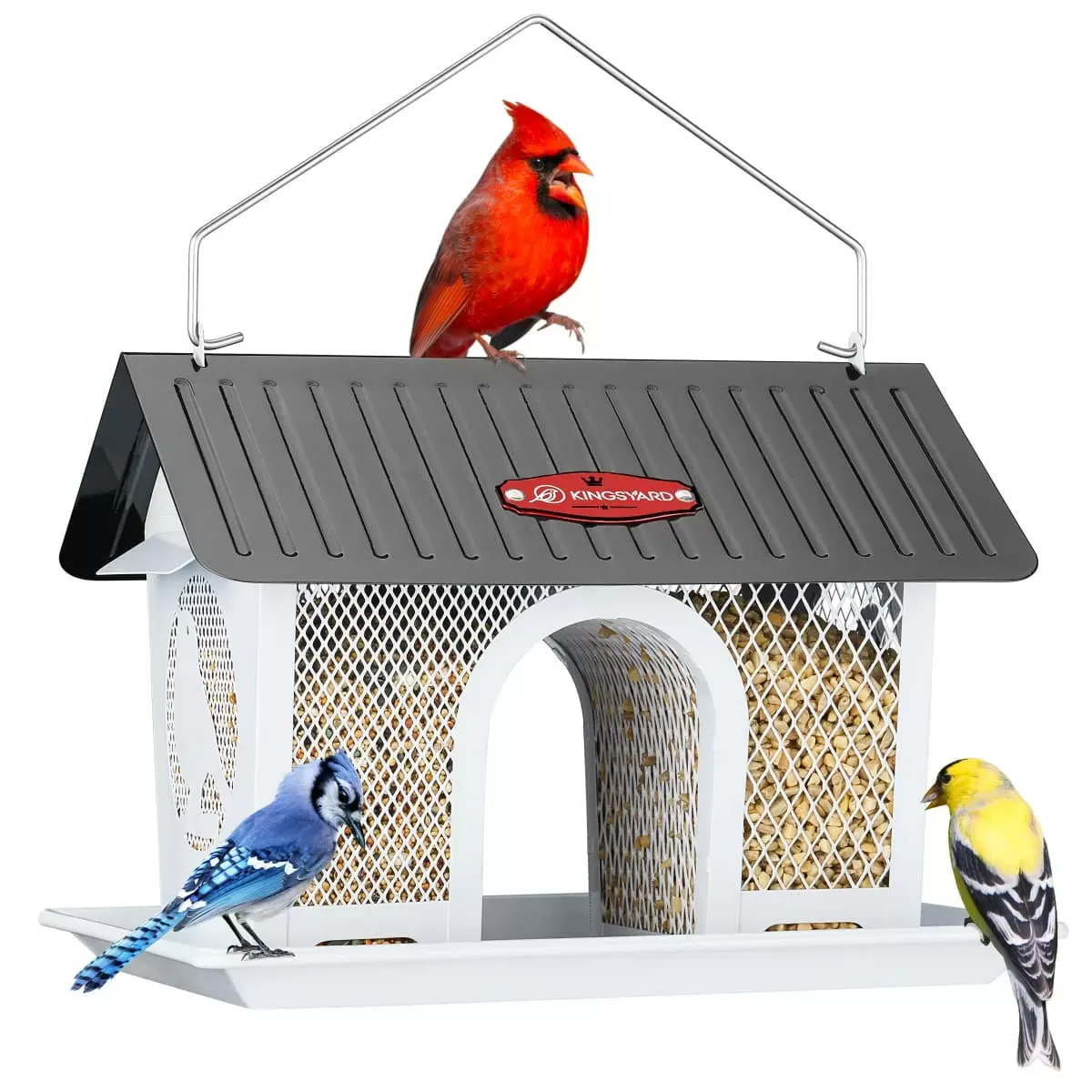 White Kingsyard Weatherproof Metal Mesh Hopper Bird Feeder 2