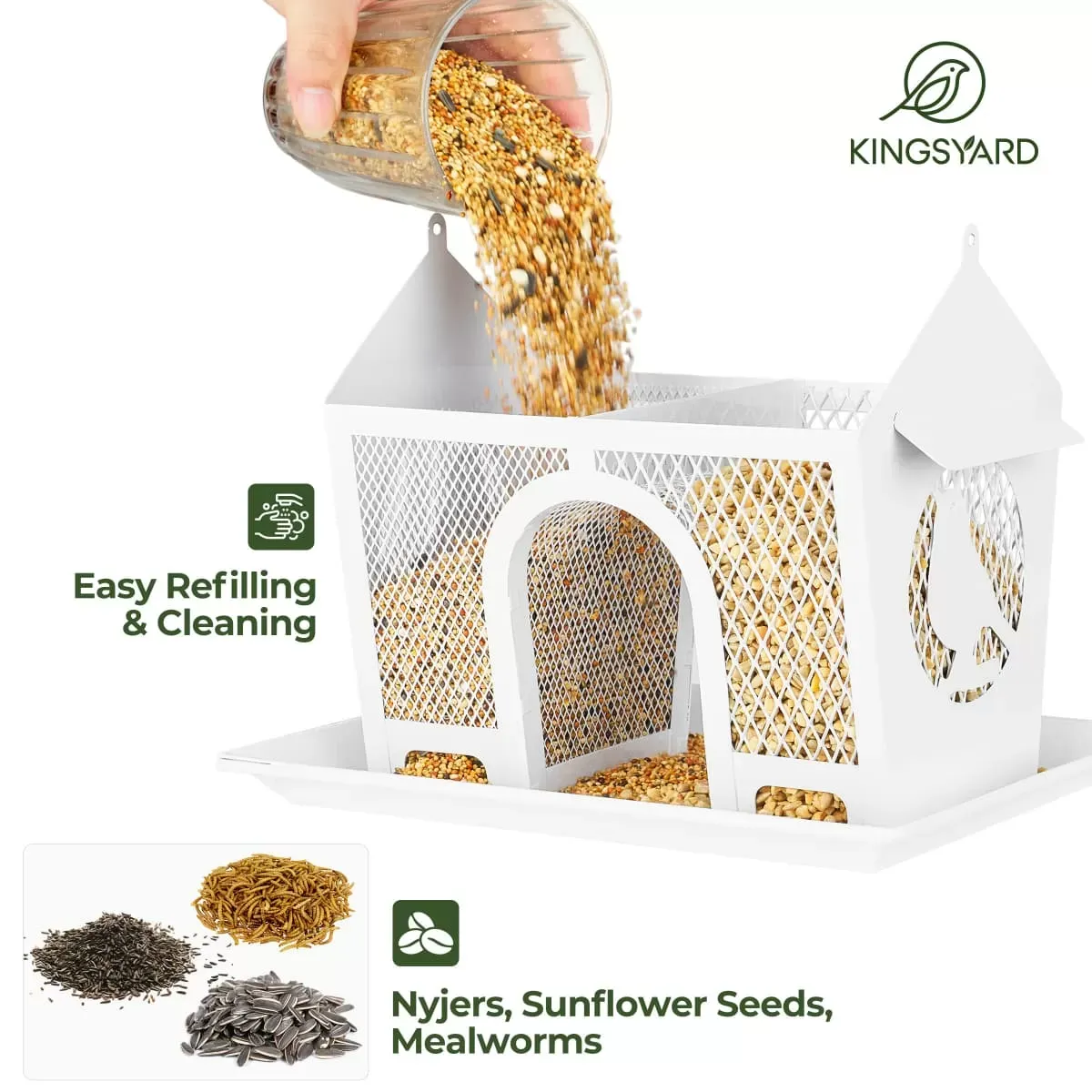 White Kingsyard Weatherproof Metal Mesh Hopper Bird Feeder 4