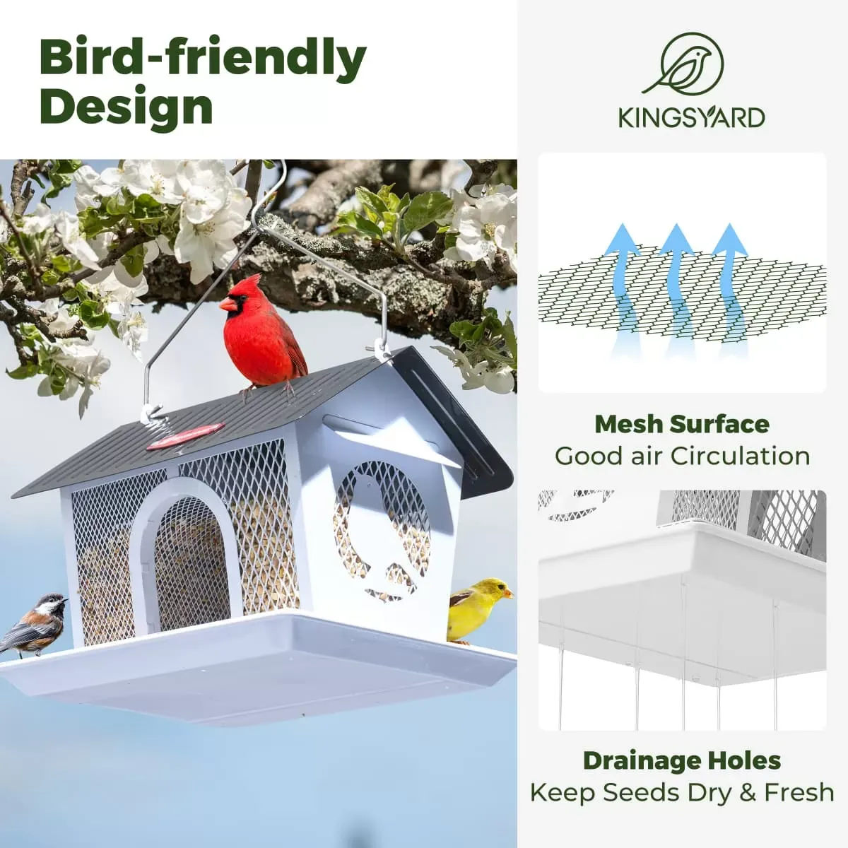White Kingsyard Weatherproof Metal Mesh Hopper Bird Feeder 5