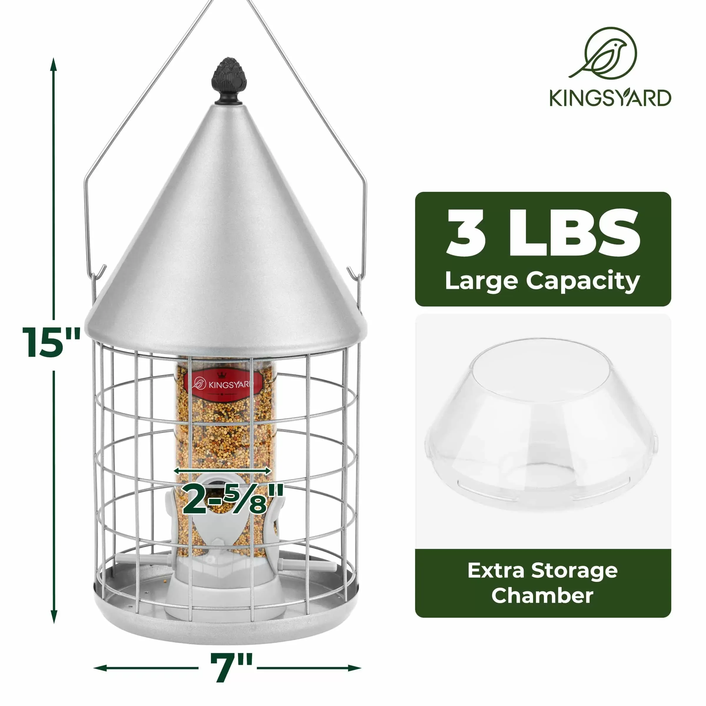Silver Kingsyard Caged Squirrel Proof Tube Bird Feeder with Rainproof Dome 3