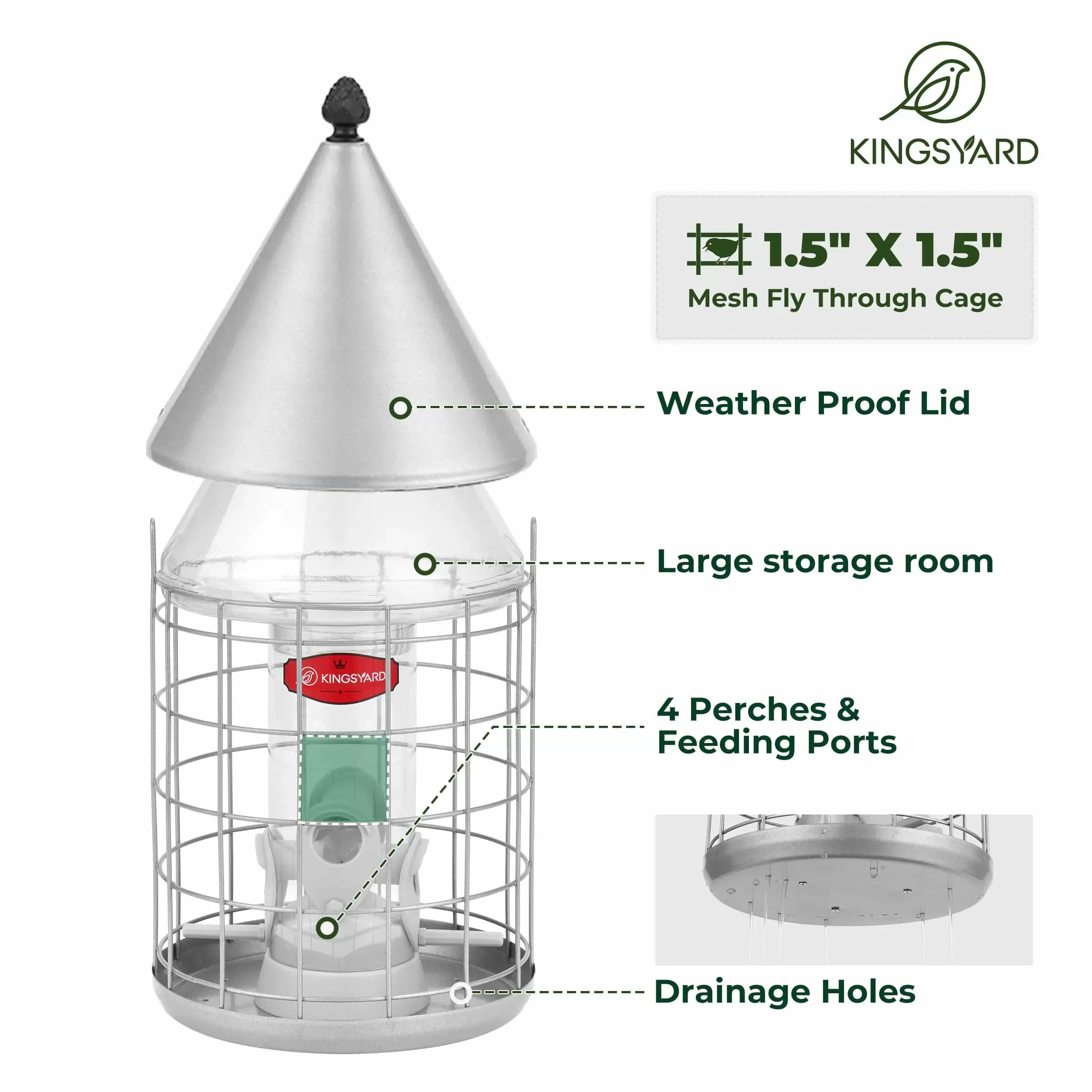 Silver Kingsyard Caged Squirrel Proof Tube Bird Feeder with Rainproof Dome 4
