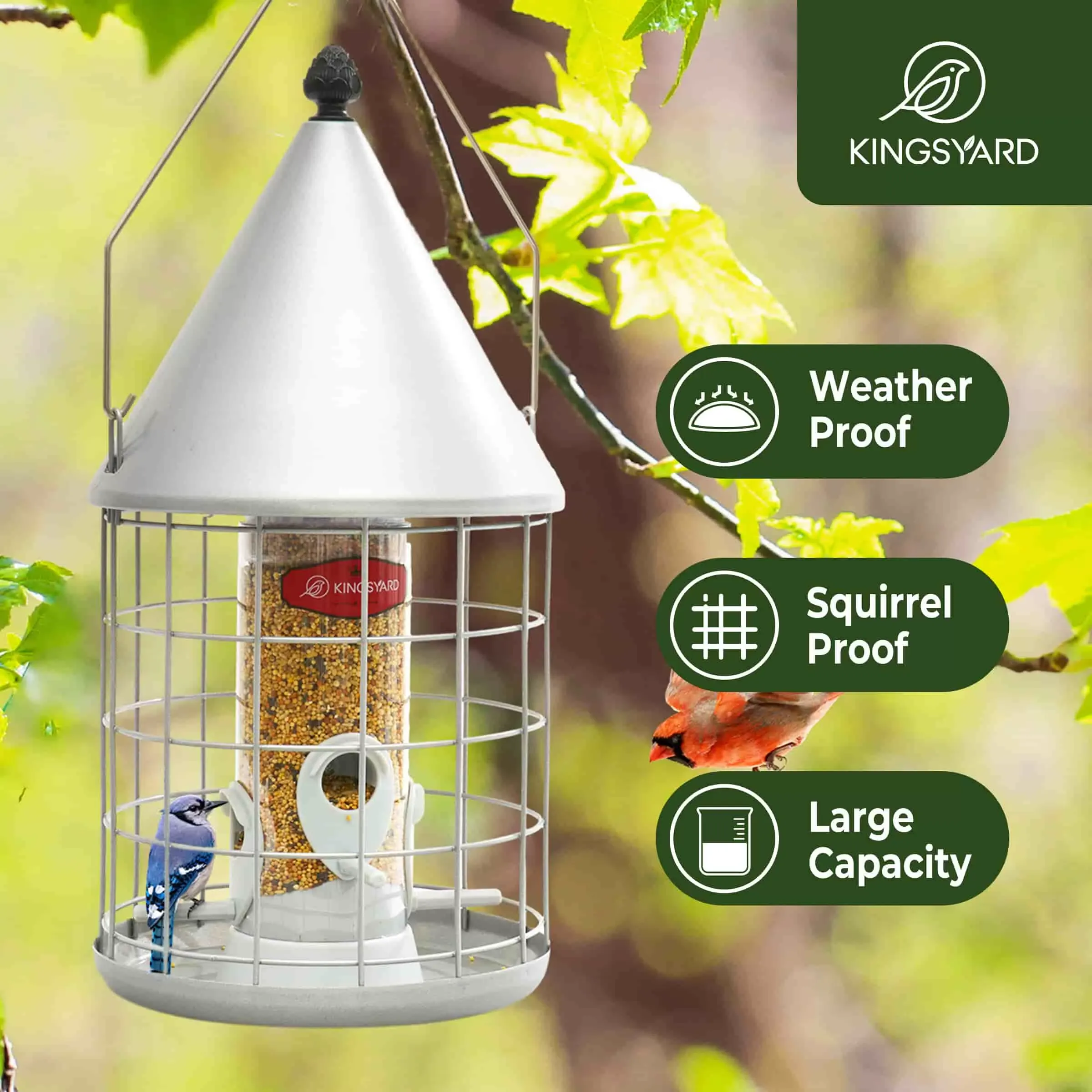 Silver Kingsyard Caged Squirrel Proof Tube Bird Feeder with Rainproof Dome 7