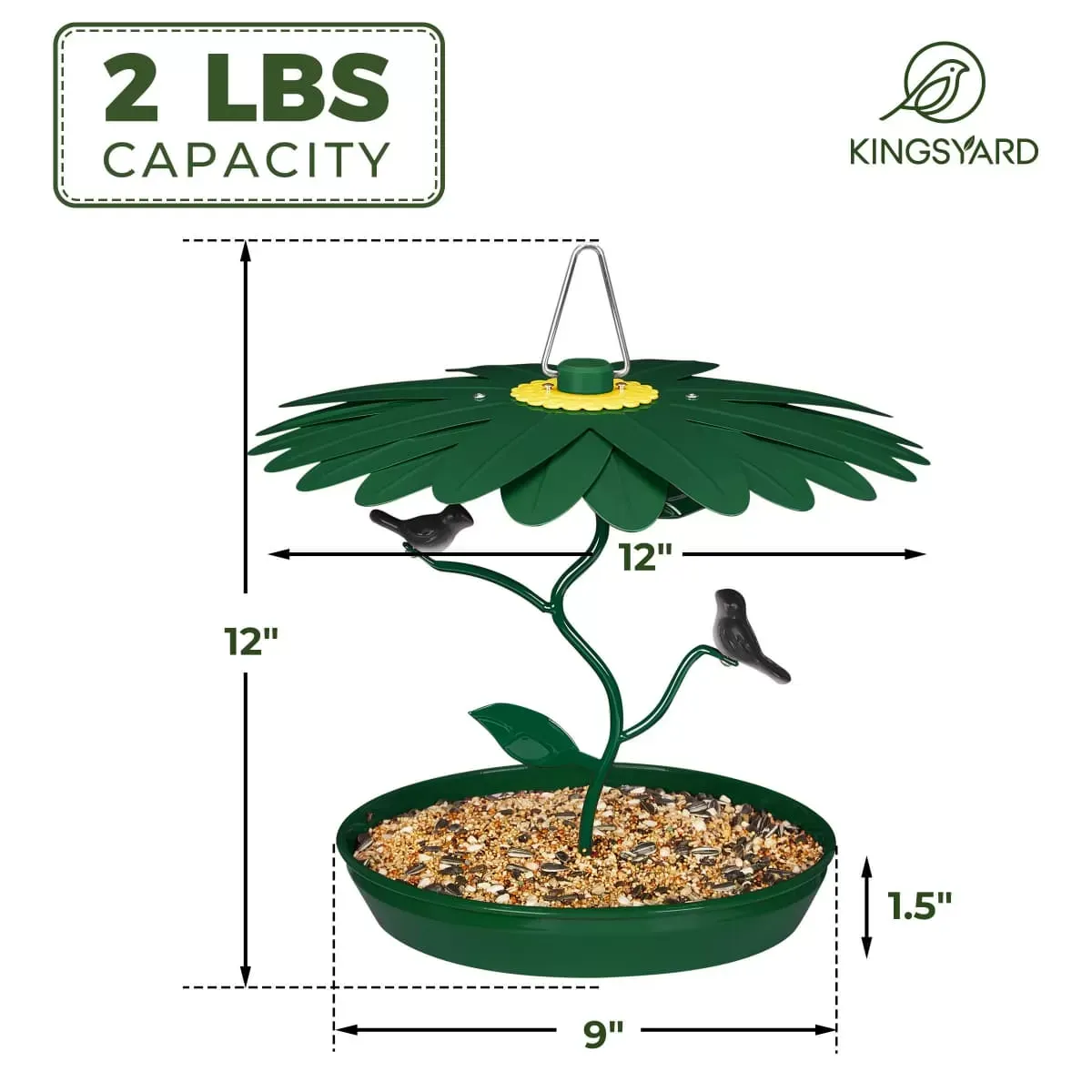 Dark Green Kingsyard Platform Bird Feeder with Weatherproof Dome 3