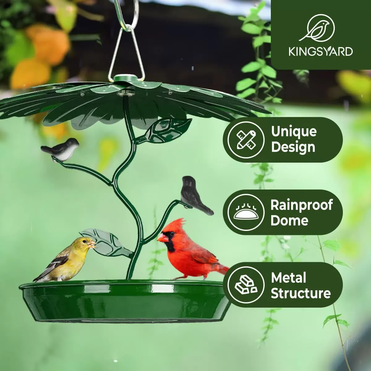 Dark Green Kingsyard Platform Bird Feeder with Weatherproof Dome 6