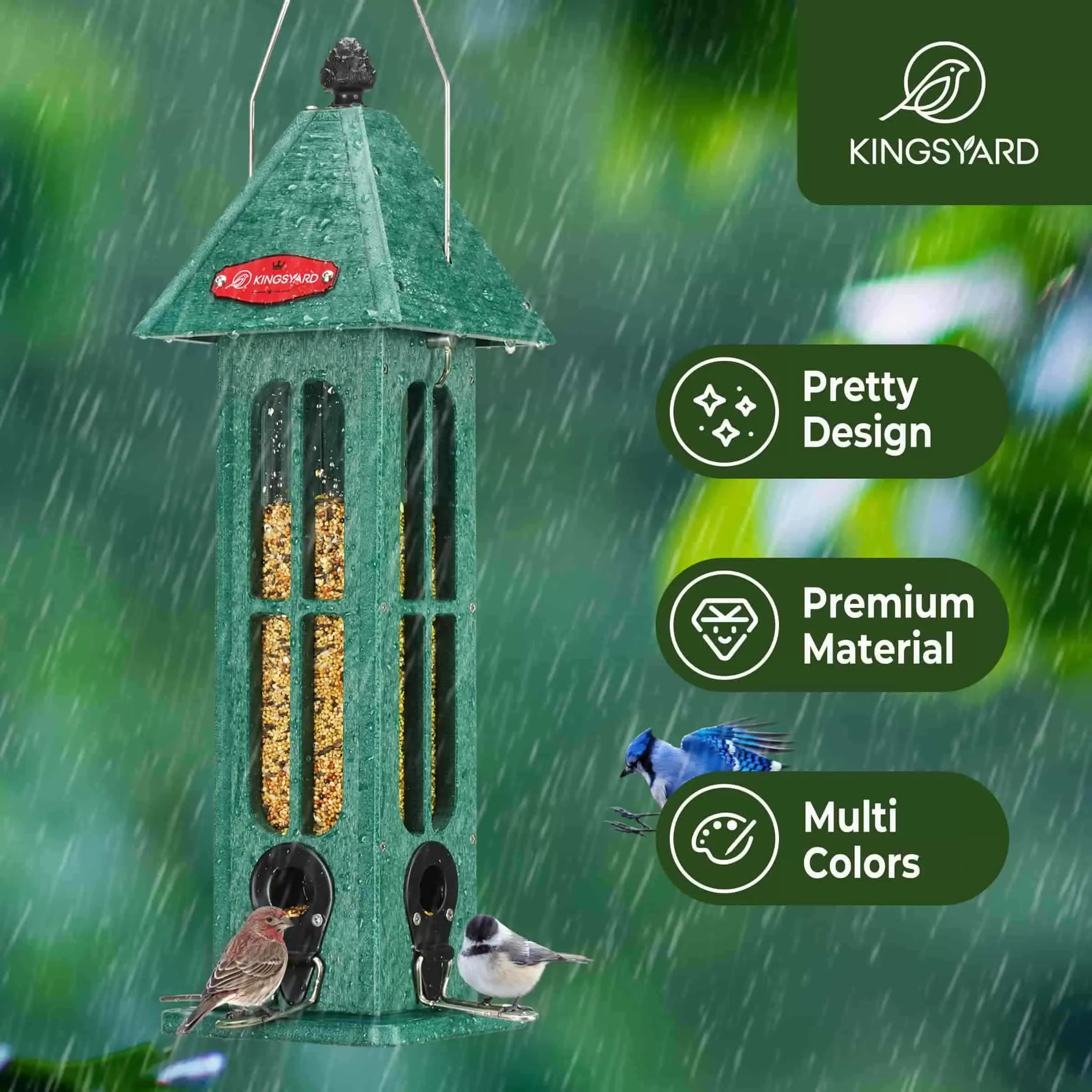 Green Kingsyard Rainproof Tube Feeder with 4 Ports 6