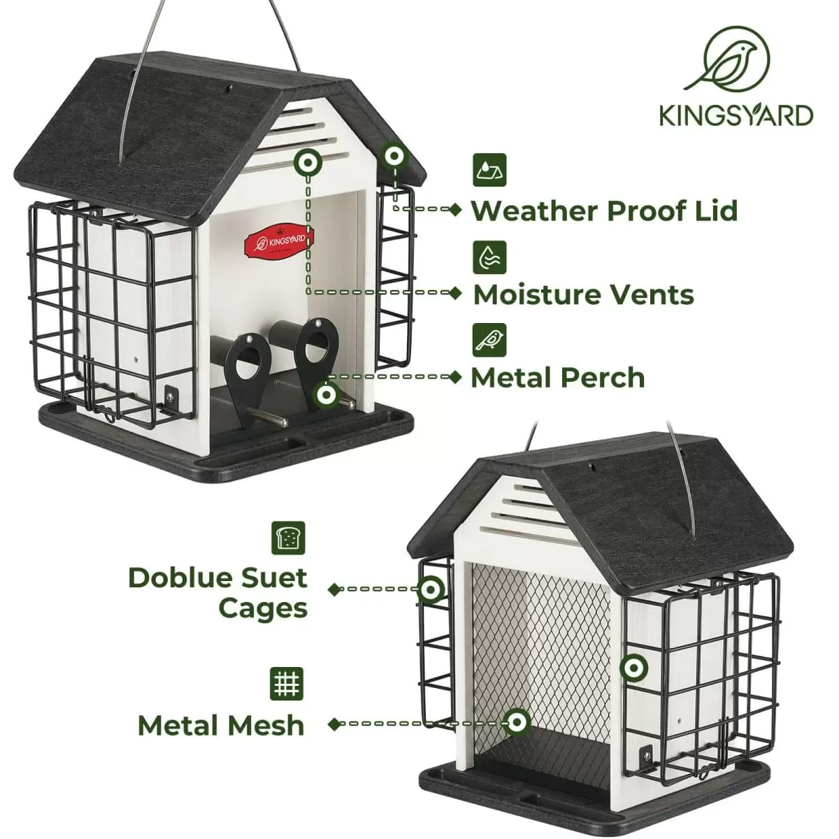 Black Roof & White Window Kingsyard 3 in 1 Double Suet Metal Mesh Wild Bird Feeder 5